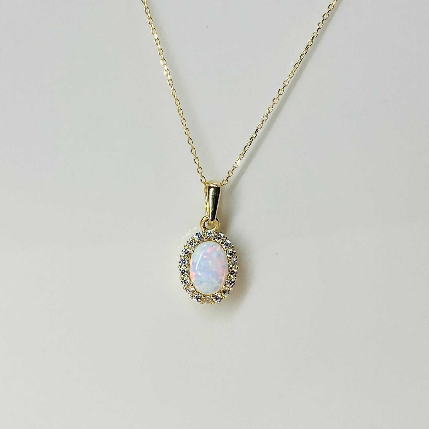 9ct Gold Oval Opalique CZ Halo Necklace - John Ross Jewellers