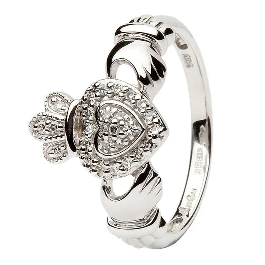 14ct White Gold Diamond Set Claddagh Ring - John Ross Jewellers