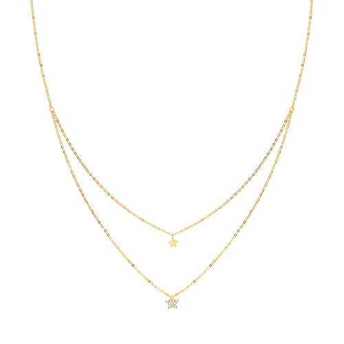 9ct Gold Double Star Necklace with CZs - John Ross Jewellers