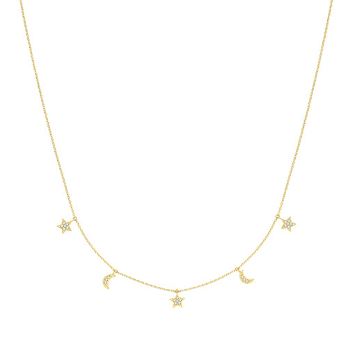 9ct Gold CZ Moon & Star Drops Necklace - John Ross Jewellers