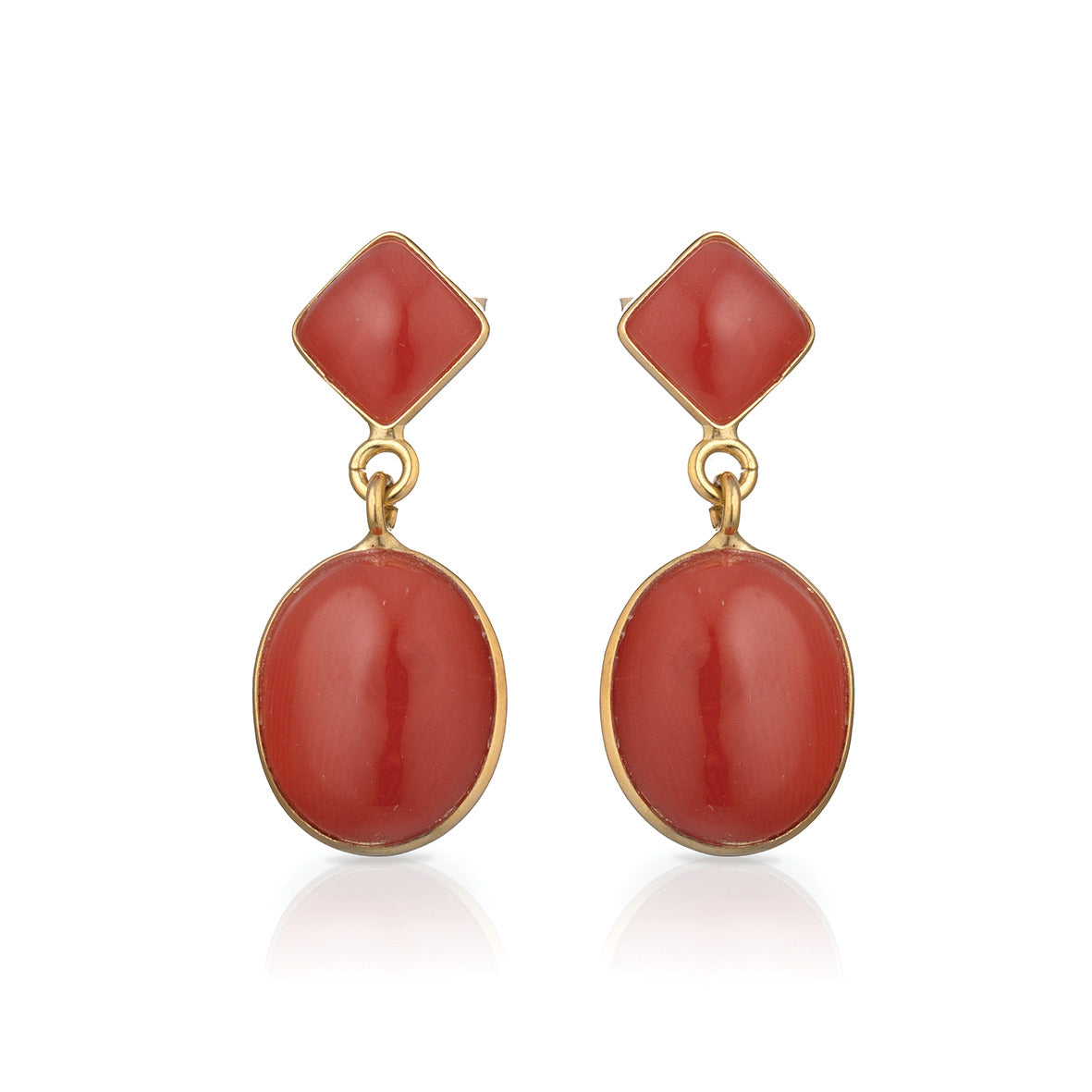 18ct Gold Red Coral Rhombus & Oval Drop Earrings | 25mm - John Ross Jewellers
