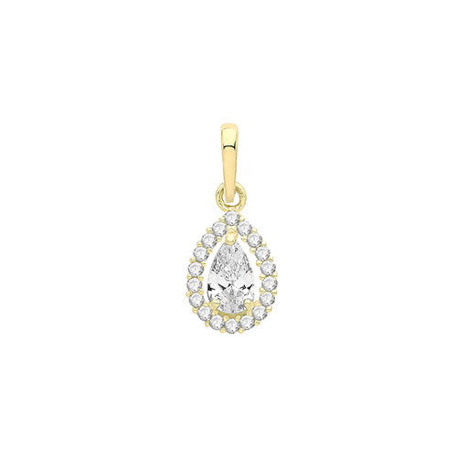 9ct Gold CZ Pear Halo Pendant Necklace - John Ross Jewellers
