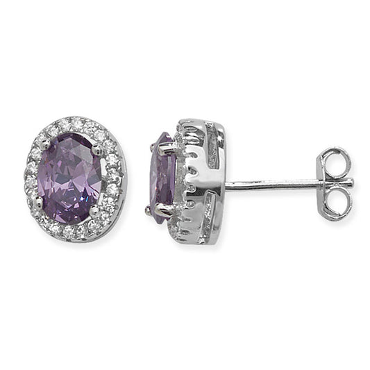 Silver Created Amethyst & CZ Oval Halo Stud Earrings - John Ross Jewellers