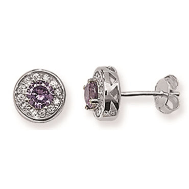 Silver Created Amethyst & CZ Halo Stud Earrings - John Ross Jewellers