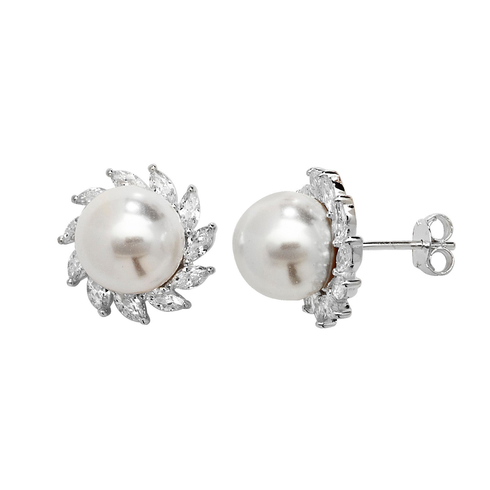 Silver CZ Simulated Pearl Stud Earrings 925 silver set with marquis cut CZs and a single pearl in each stud earring. Butterfly backs Synthetic pearls 15mm diameter