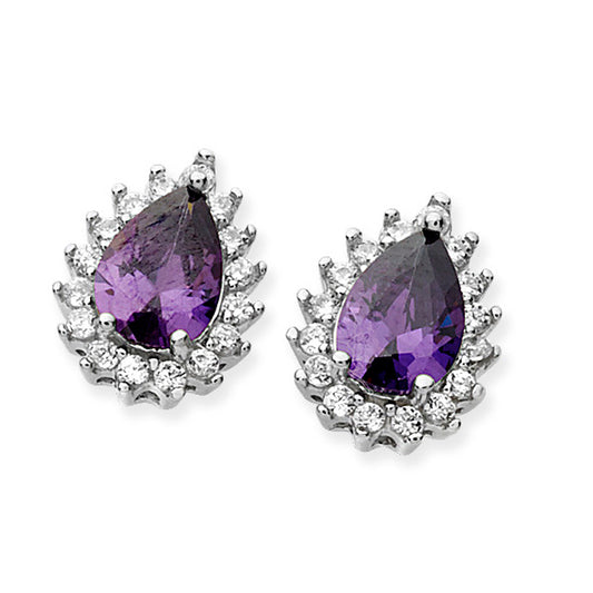 Silver Created Amethyst & CZ Pear Halo Stud Earrings - John Ross Jewellers