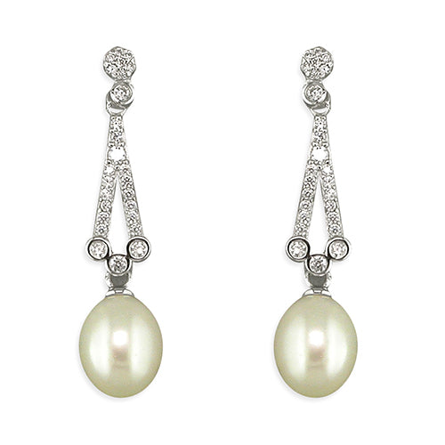 Silver CZ Vintage Pearl Drop Earrings - John Ross Jewellers