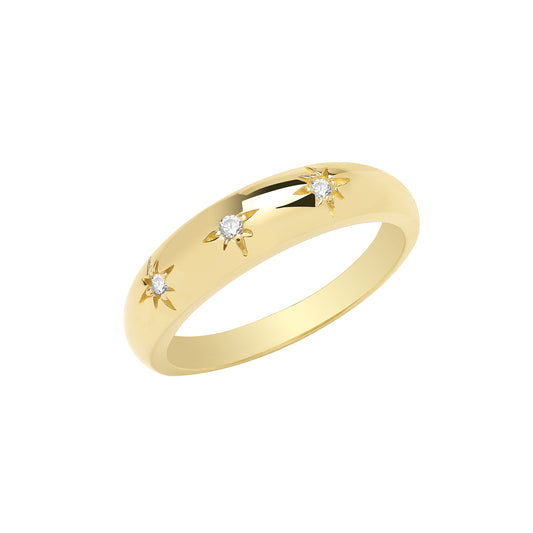 9ct Gold Three CZ Stars Domed Ring - John Ross Jewellers