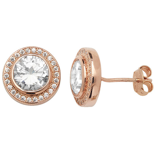 Rose CZ Round Halo Stud Earrings - John Ross Jewellers