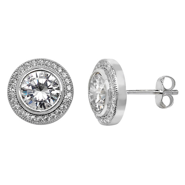 Silver CZ Round Halo Stud Earrings - John Ross Jewellers
