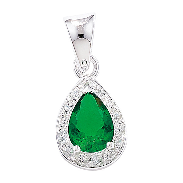 Silver Green & CZ Pear Halo Pendant Necklace - John Ross Jewellers