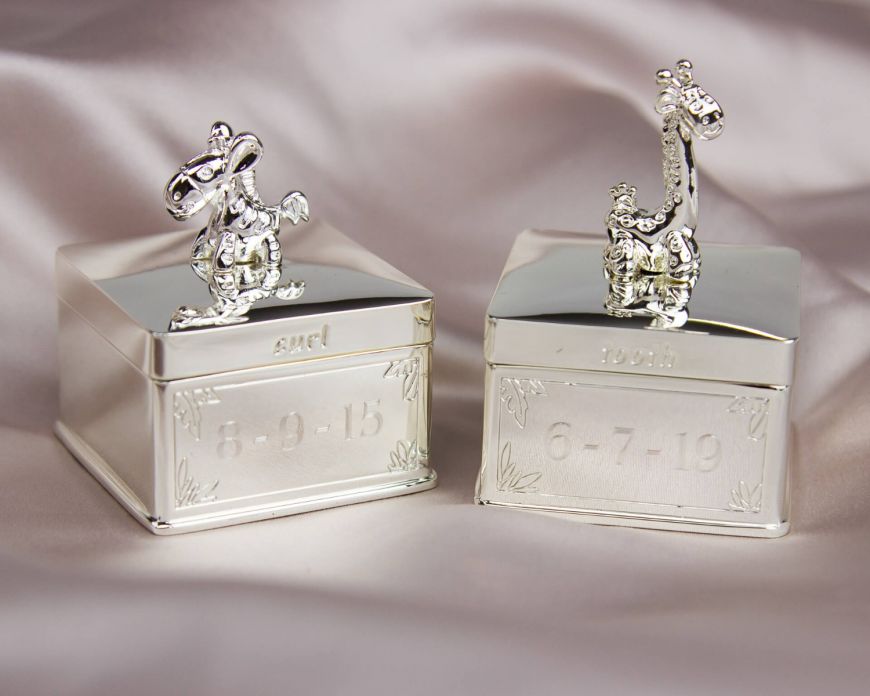 Giraffe & Zebra First Tooth & Curl Keepsake Boxes - D for Diamond - John Ross Jewellers